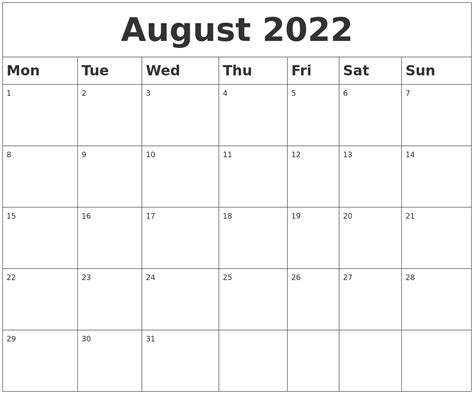 August 2022 Calendar Blank